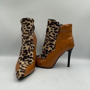 Tan Leopard Print Stiletto Ankle Boots Pointed Toe Side Zip Lace Up
